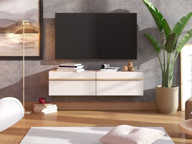 Modern living room with a TV on a white entertainment console, plant, and books.