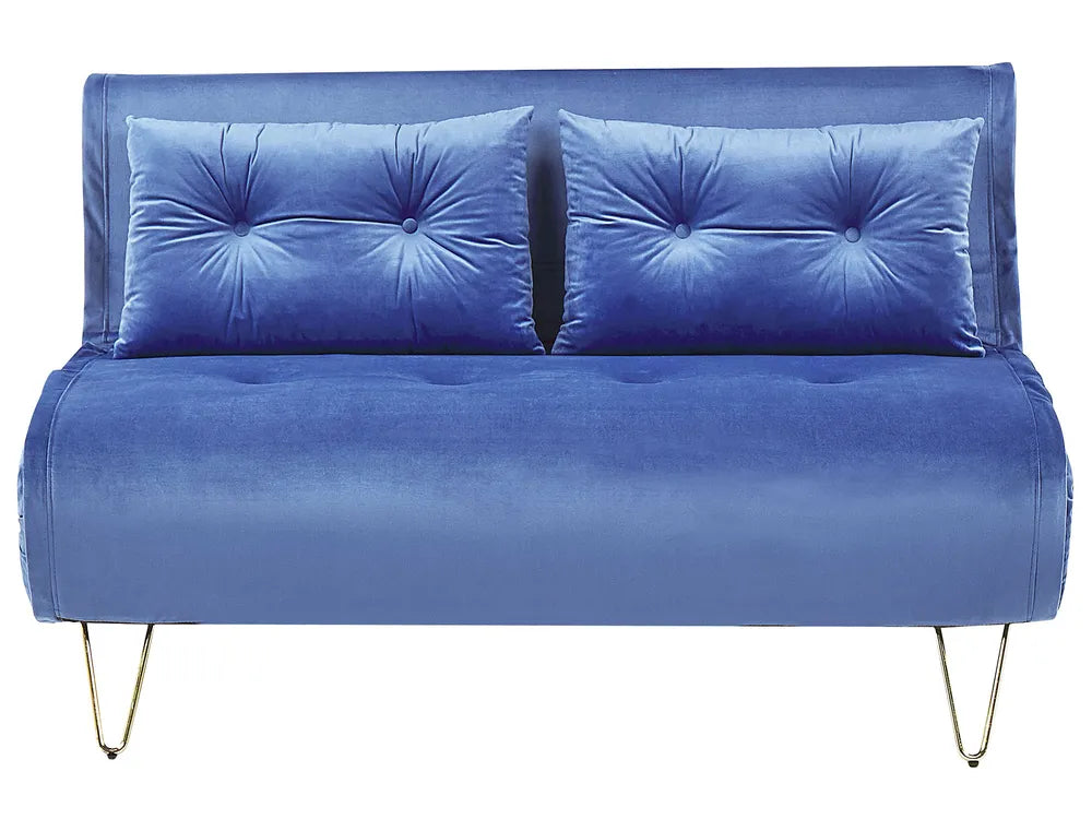 Blue sofa with tufted backrests on a white background