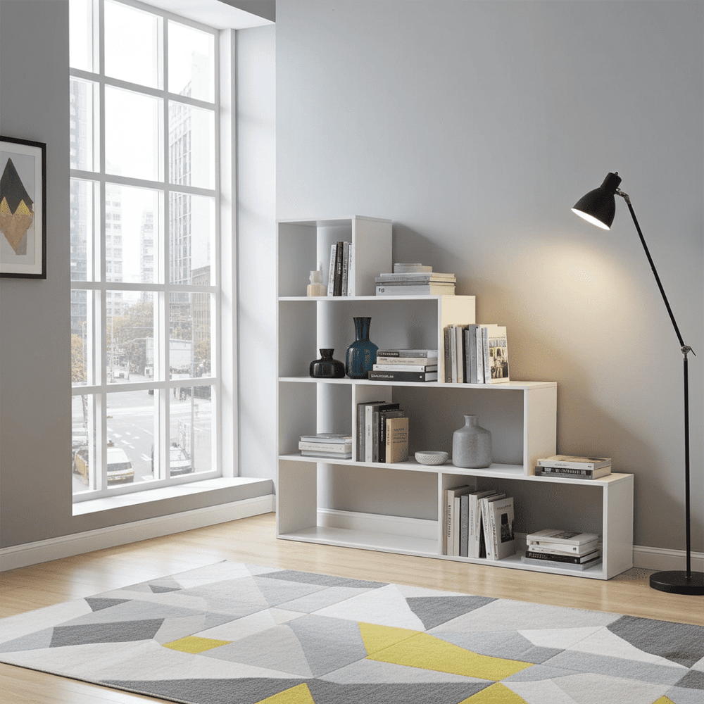 Modern room interior with a bookshelf, lamp, and geometric rug.
