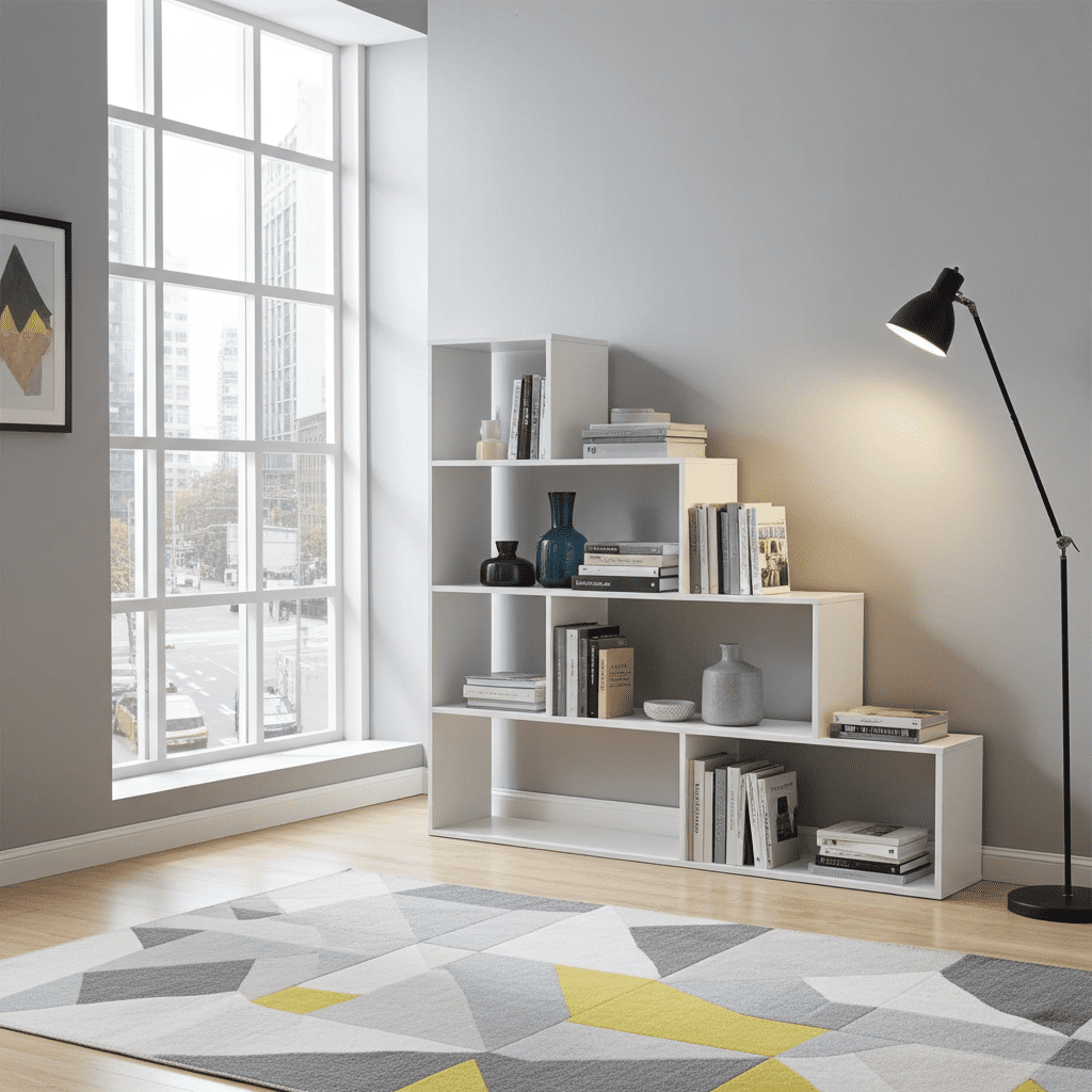 Modern room interior with a bookshelf, lamp, and geometric rug.
