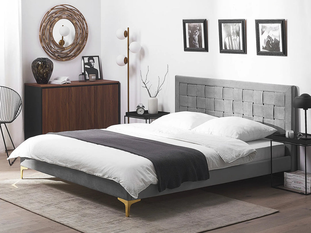 180x200 cm grey velvet bed with slatted base