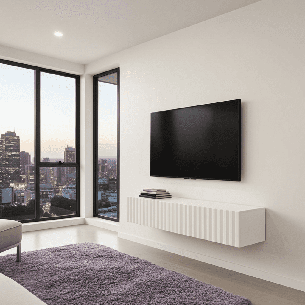 Modern living room with a television mounted on the wall, large windows, and a purple rug.