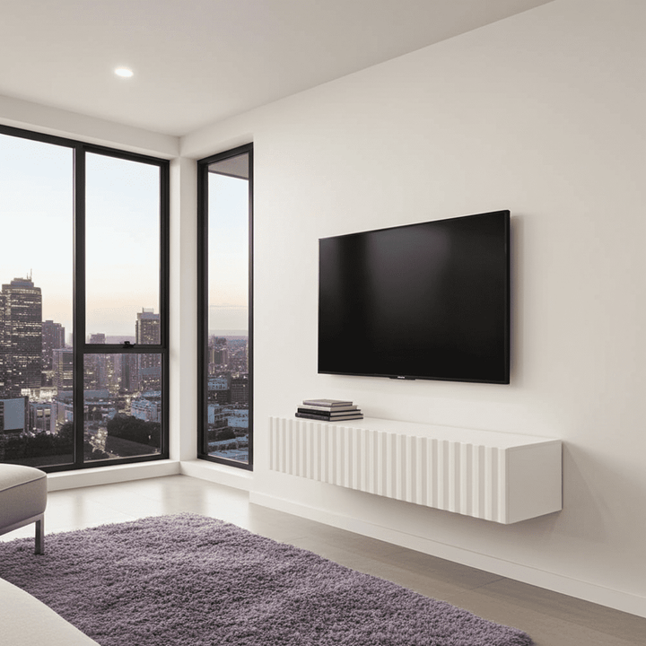Modern living room with a television mounted on the wall, large windows, and a purple rug.
