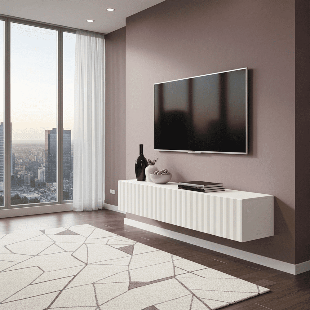 Modern living room with a television mounted on a wall above a white console table.