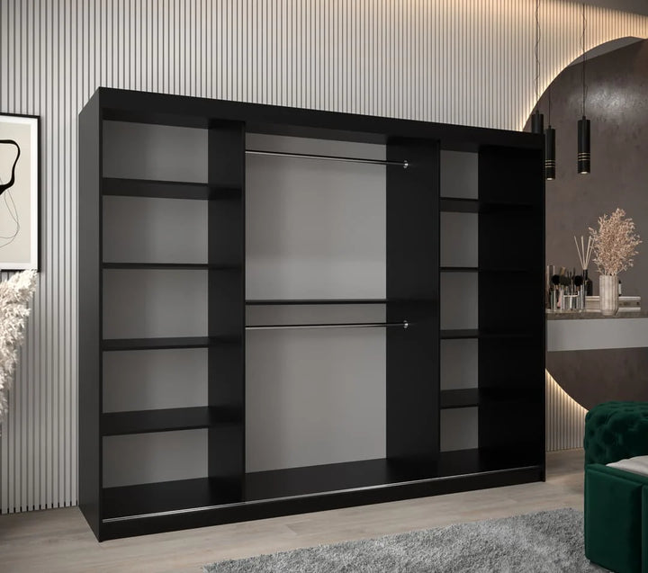 Black sliding door wardrobe 250cm with three mirrors