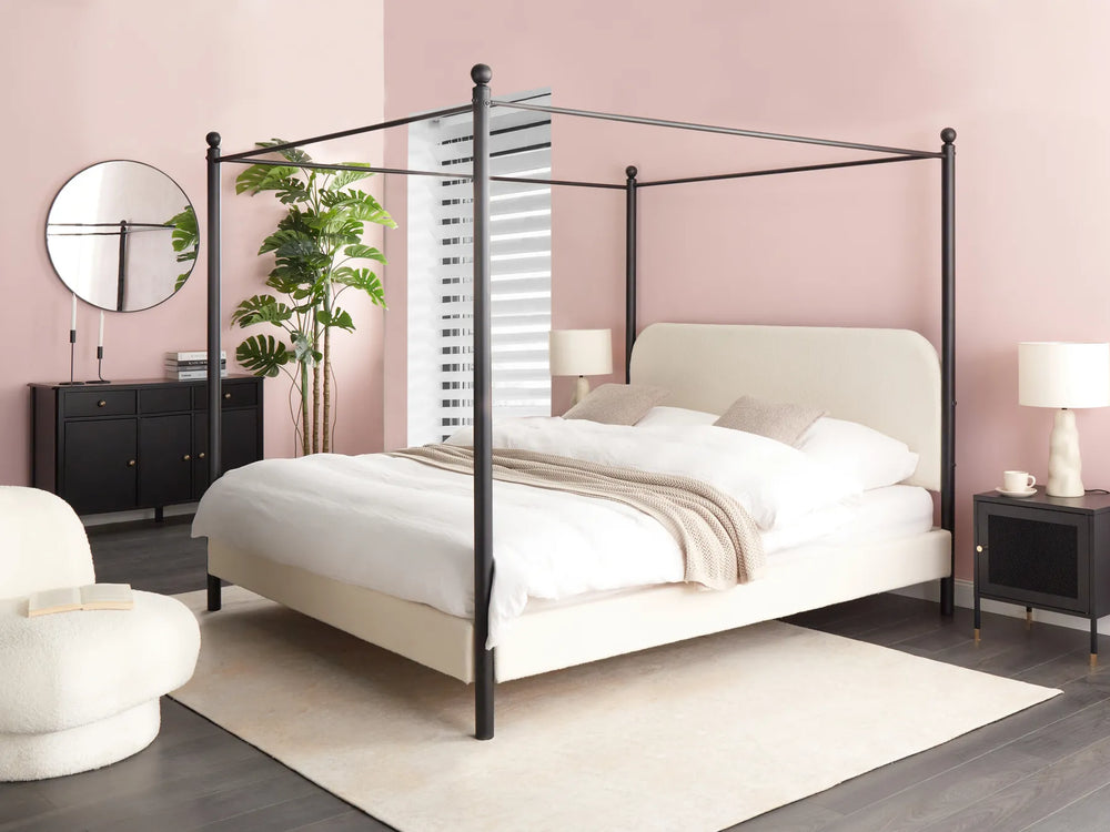 Super King bouclé canopy bed with curved upholstered headboard