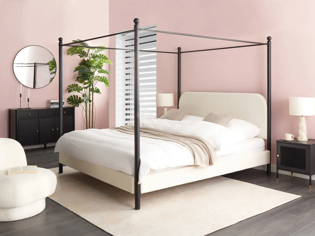 Super King bouclé canopy bed with curved upholstered headboard