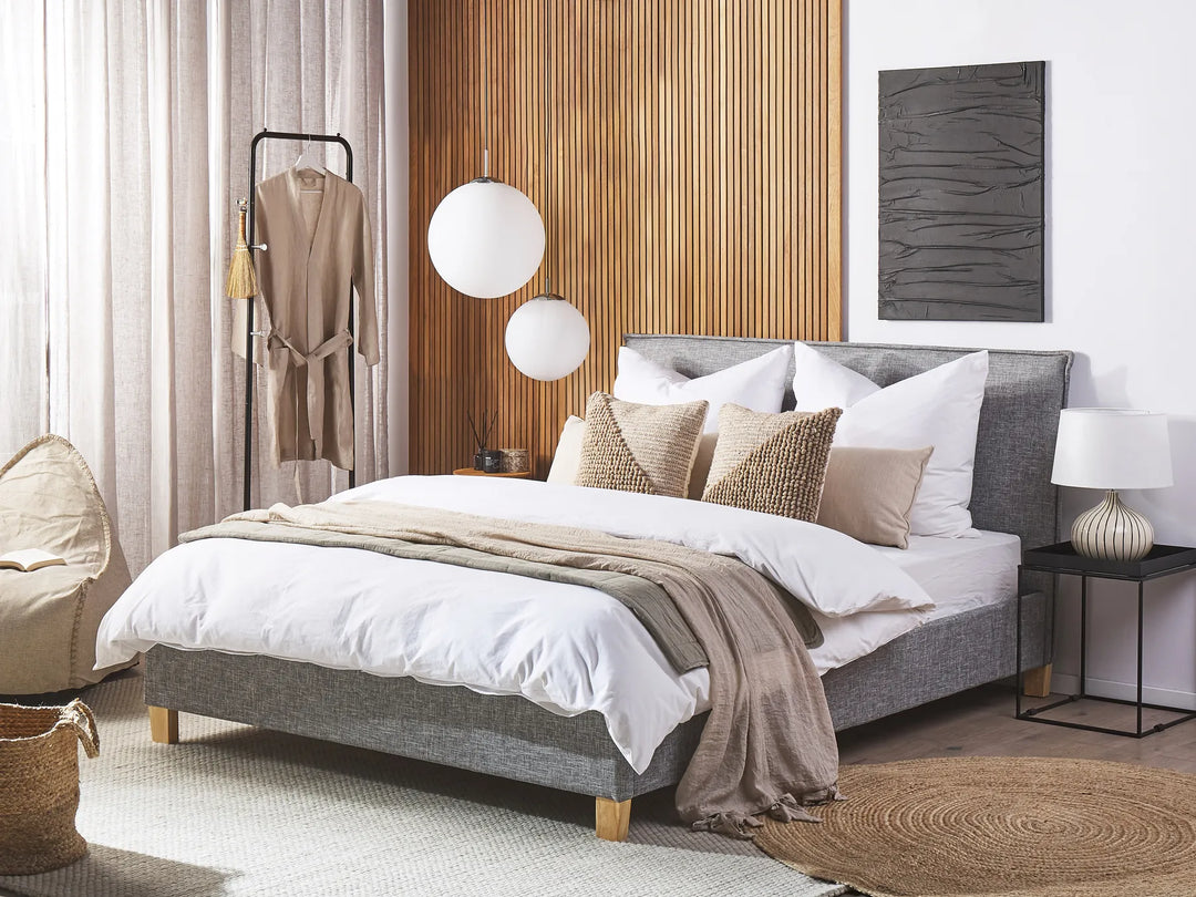 Modern upholstered bed with soft linen finish