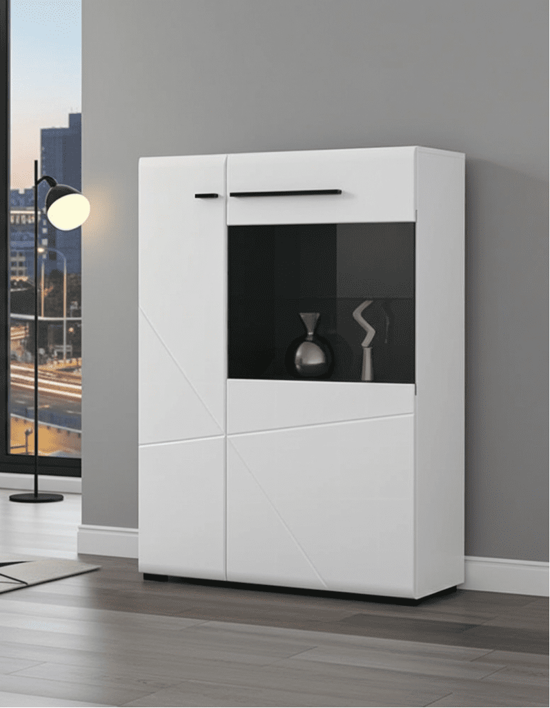 Modern white cabinet in a room with a cityscape view