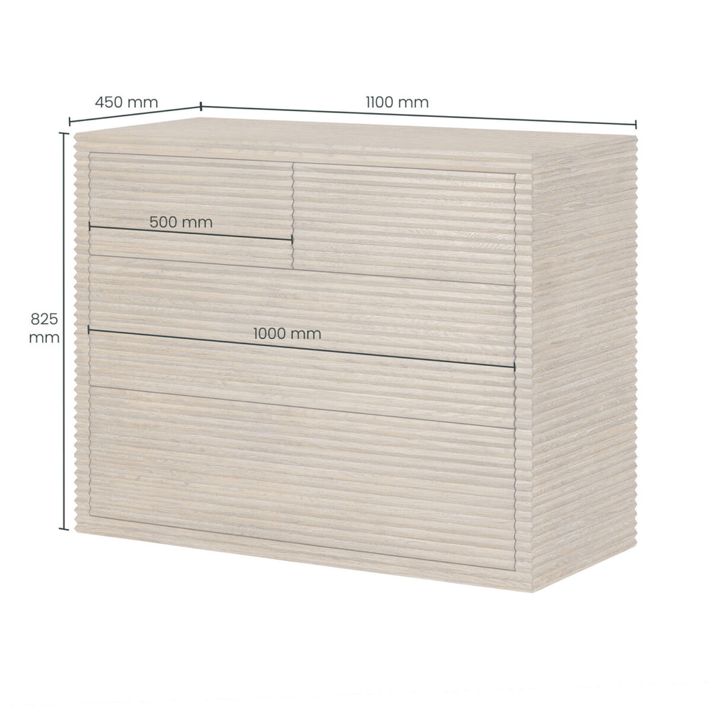 Beige storage box with dimensions labeled on a white background
