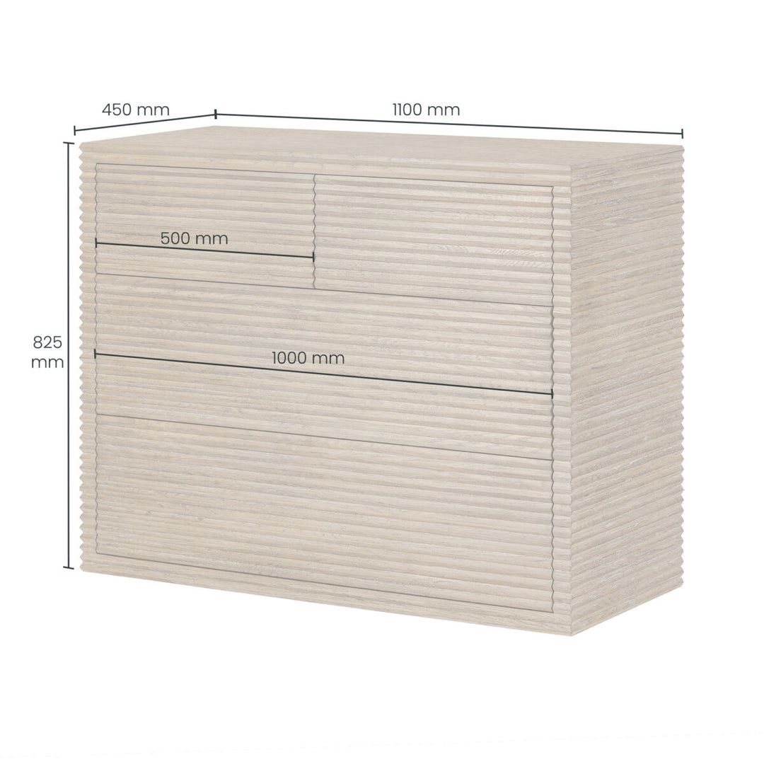 Beige storage box with dimensions labeled on a white background