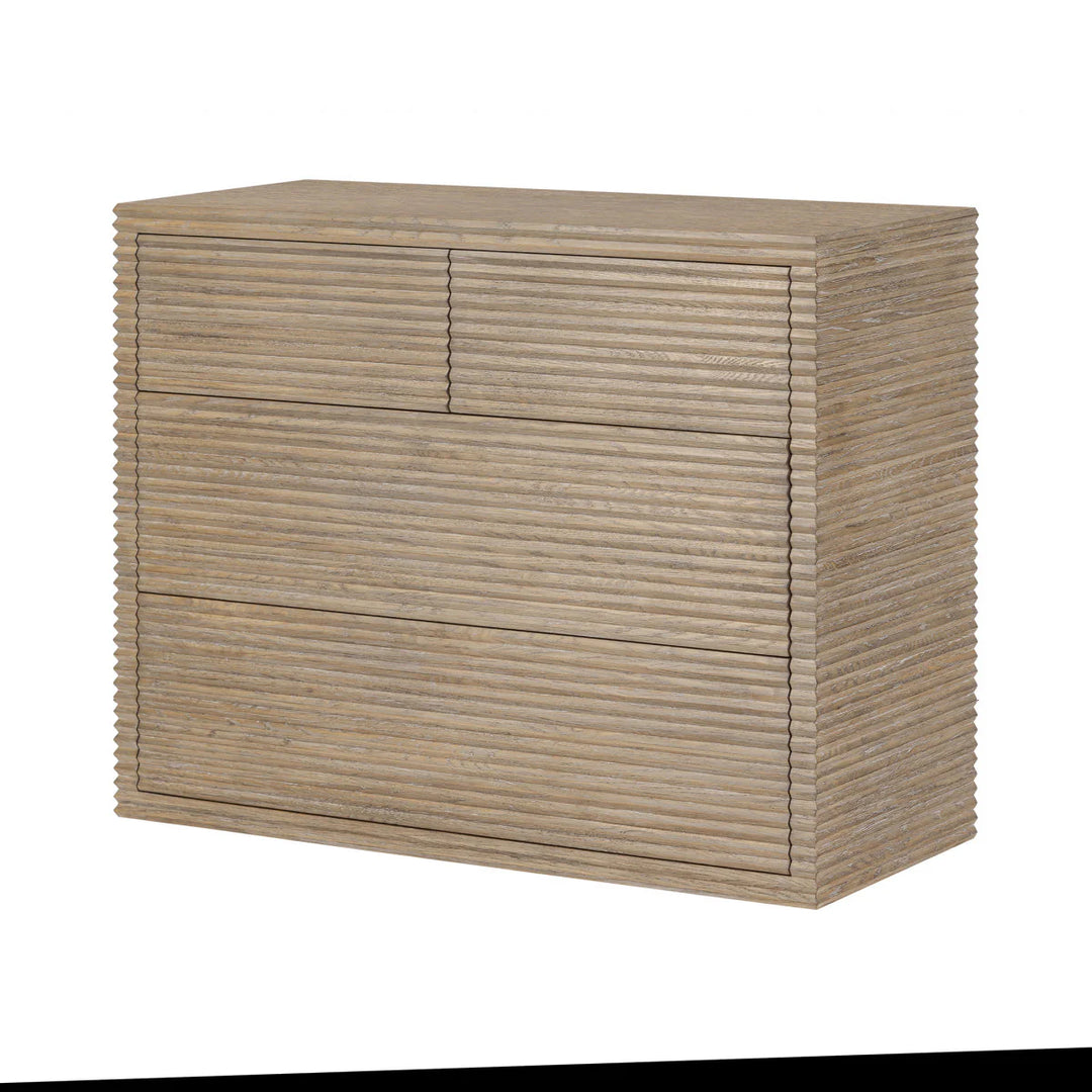 Beige woven chest of drawers on a white background