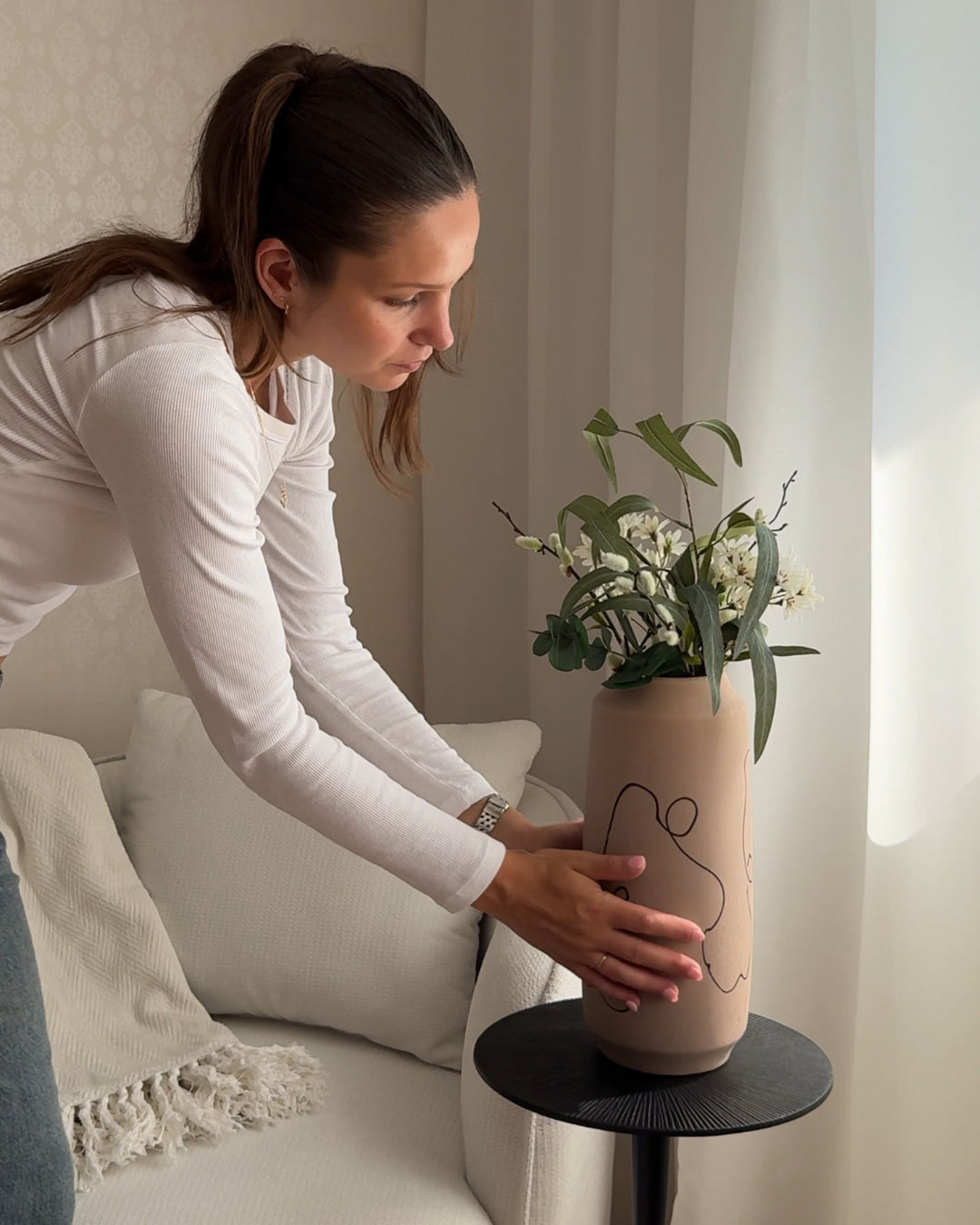 Sunfish Flower Vase Stoneware 33 cm Sand Beige