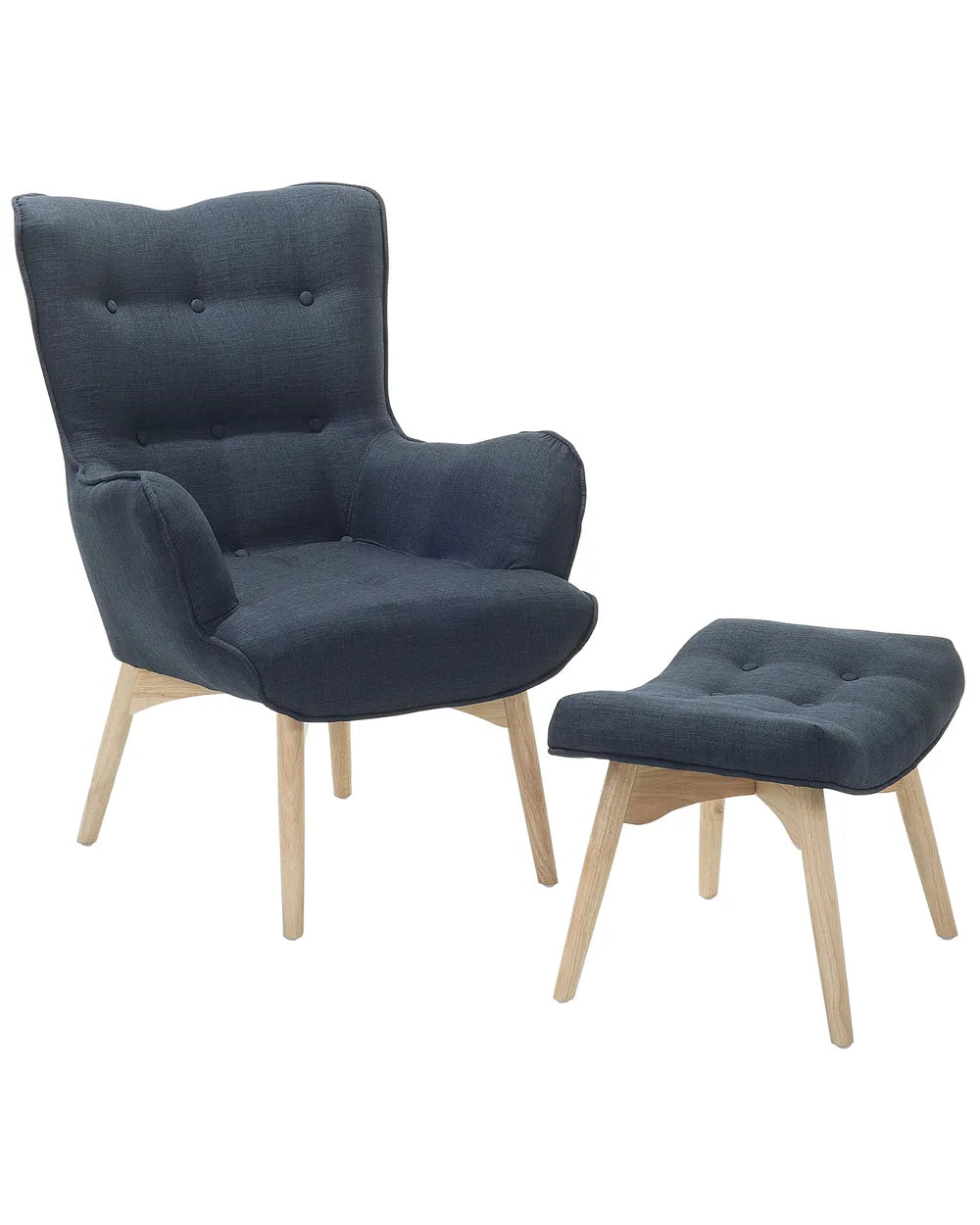 Navy blue armchair with wooden legs and matching ottoman on a white background