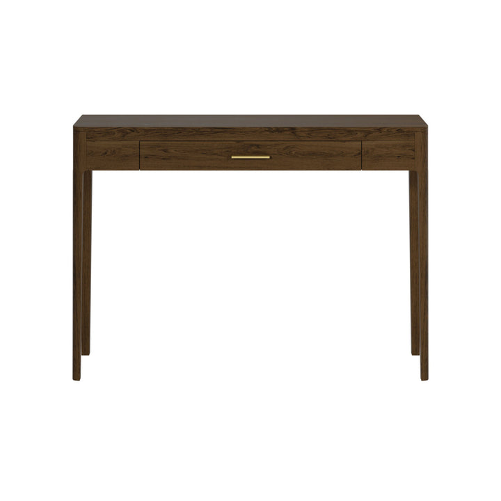 Wooden console table with a single drawer on a white background