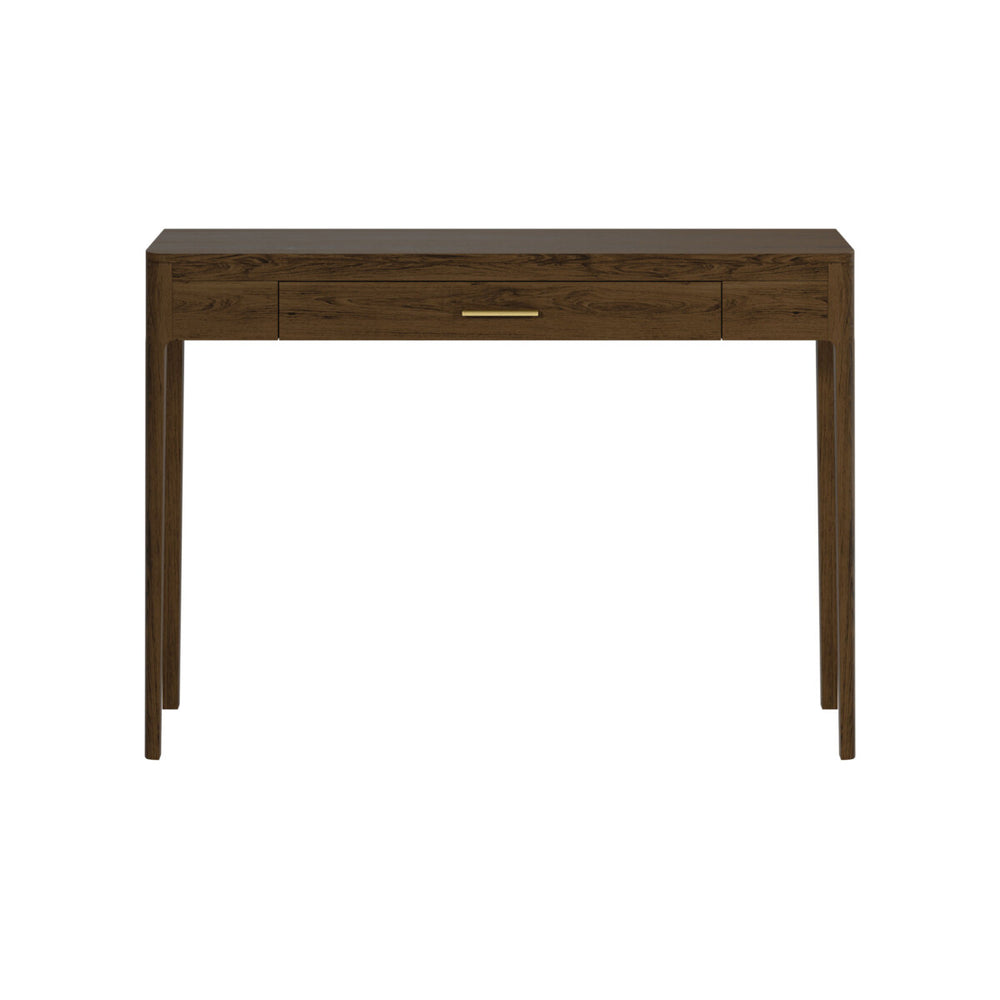 Wooden console table with a single drawer on a white background