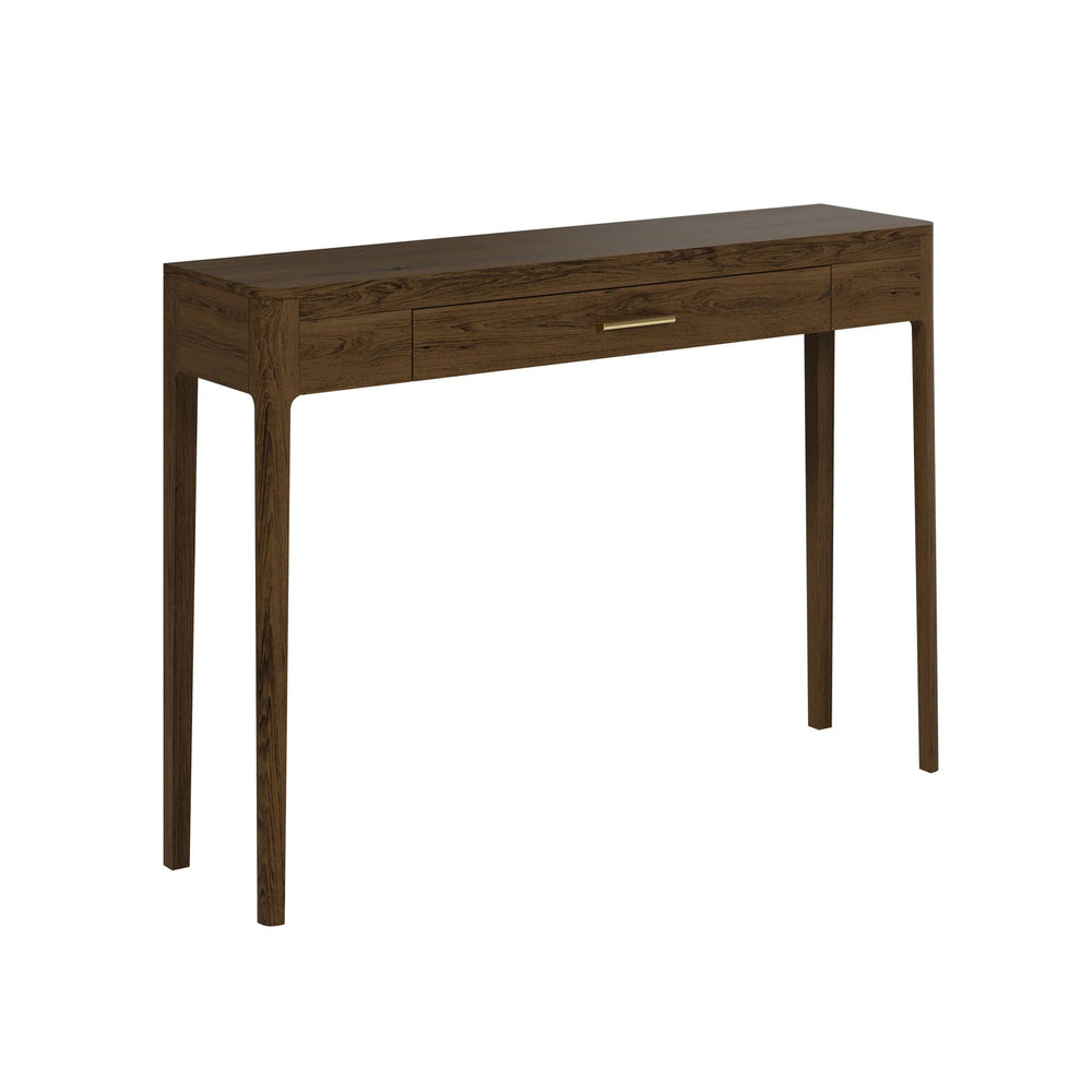 Wooden console table with a single drawer on a white background