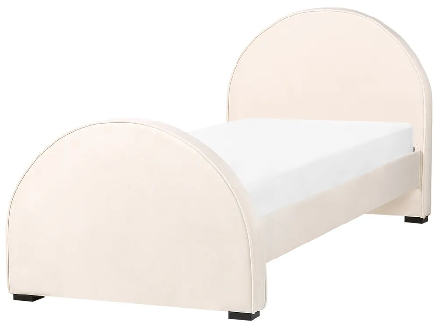 Modern white bed with curved design on a white background