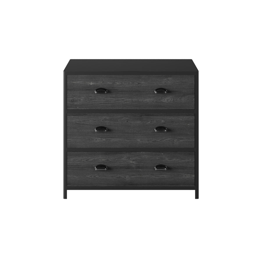 Black dresser with three drawers on a white background