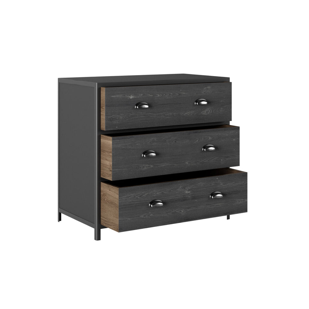 Three-drawer dresser with dark gray finish and wooden accents on a white background