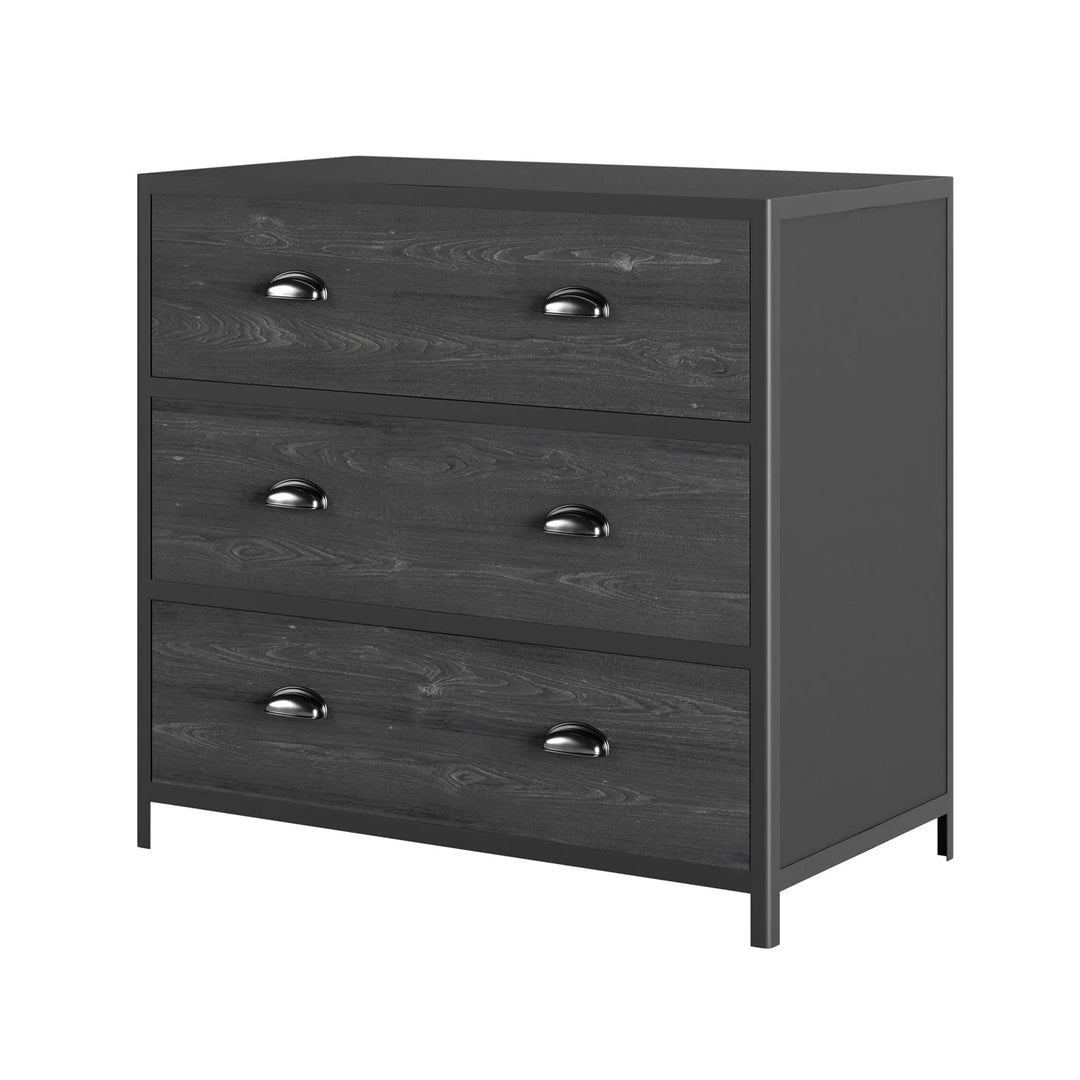 Dark gray dresser with four drawers on a white background