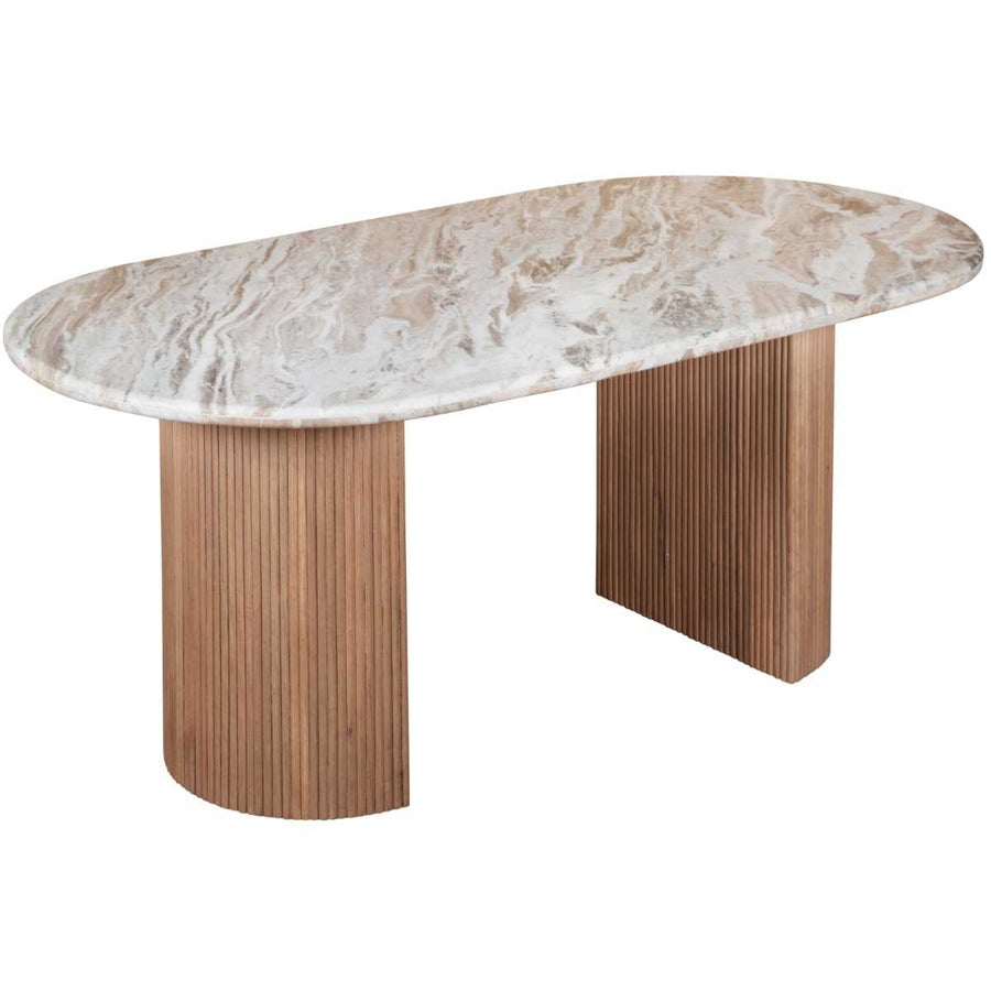 Marble-top coffee table with wooden base on a white background
