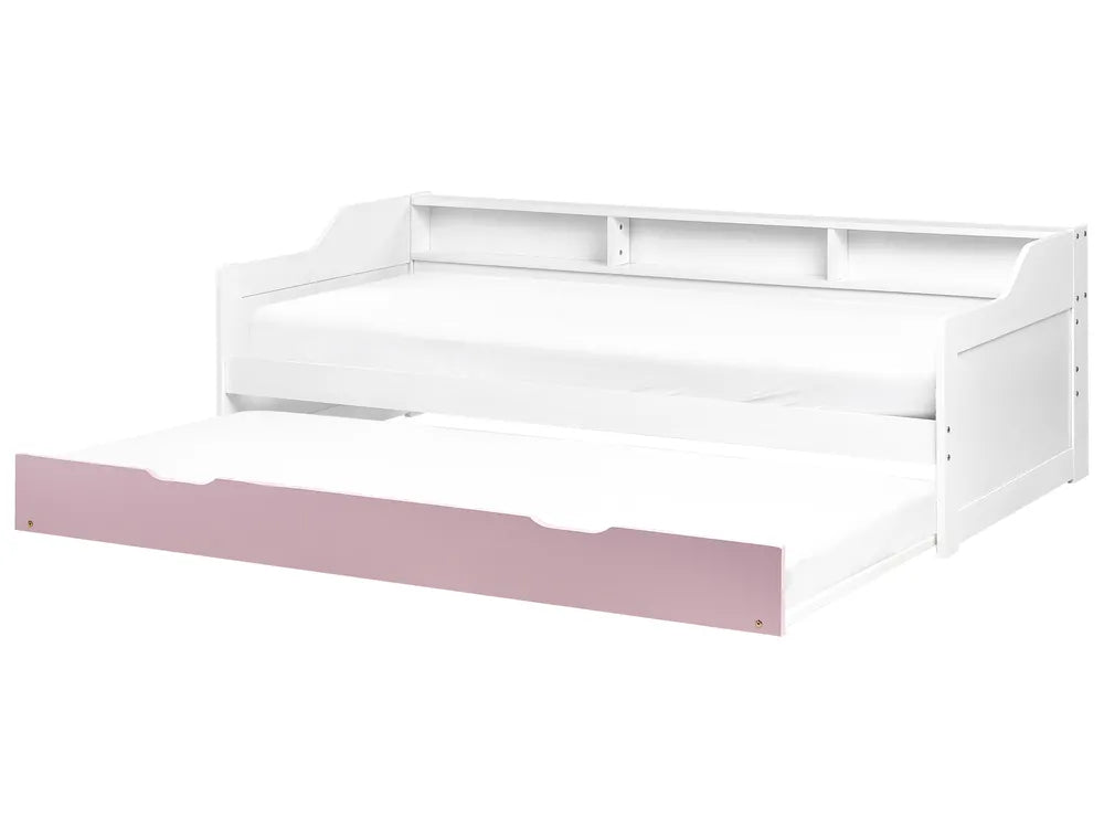 White bed frame with pink footboard on a white background