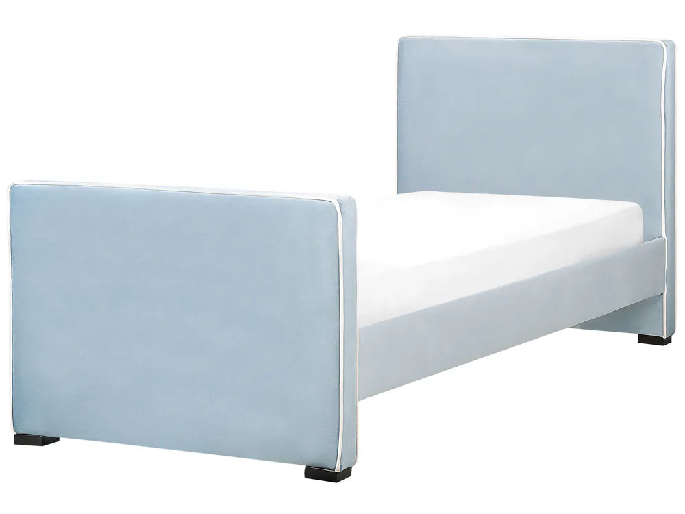 Light blue upholstered bench with white cushion on a white background