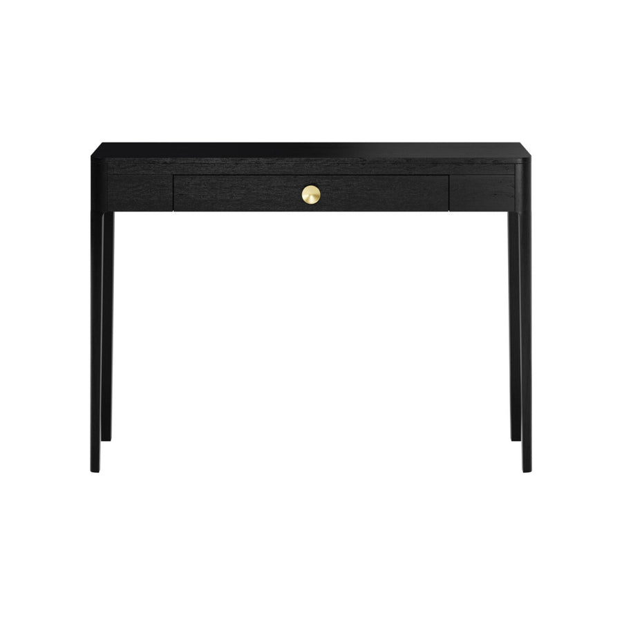 Black console table with a drawer on a white background