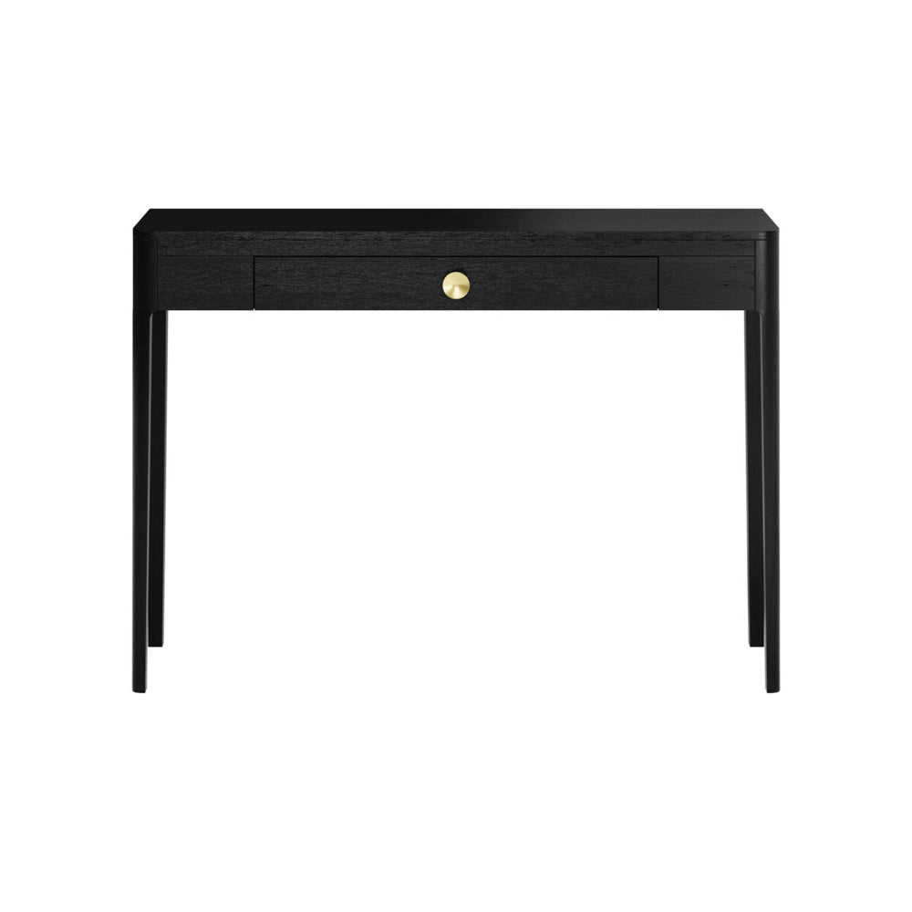 Black console table with a drawer on a white background
