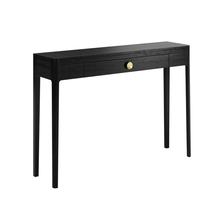 Black console table with a gold handle on a white background