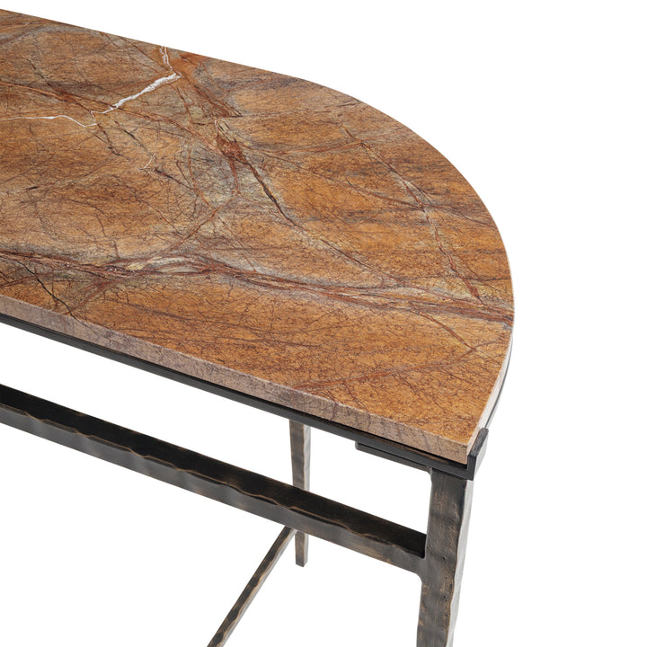 Half-circle marble table with a brown and beige pattern on a white background