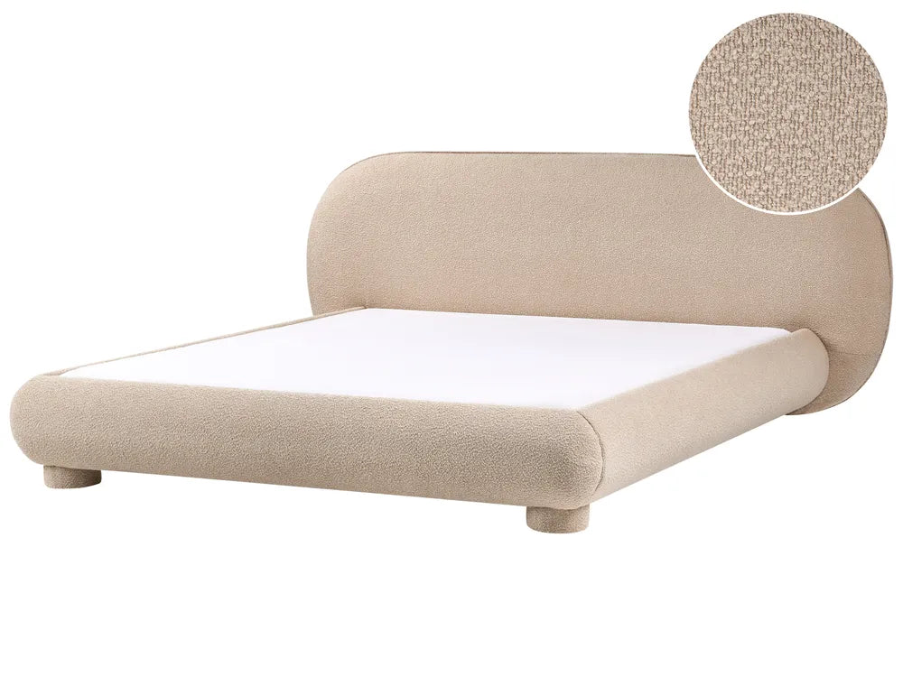 Beige upholstered bed with a close-up of the fabric texture on a white background