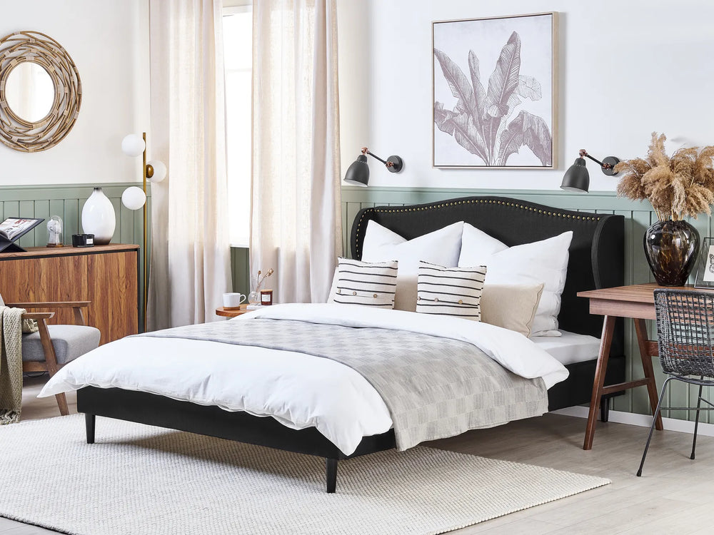 180x200 cm black upholstered bed with curved headboard