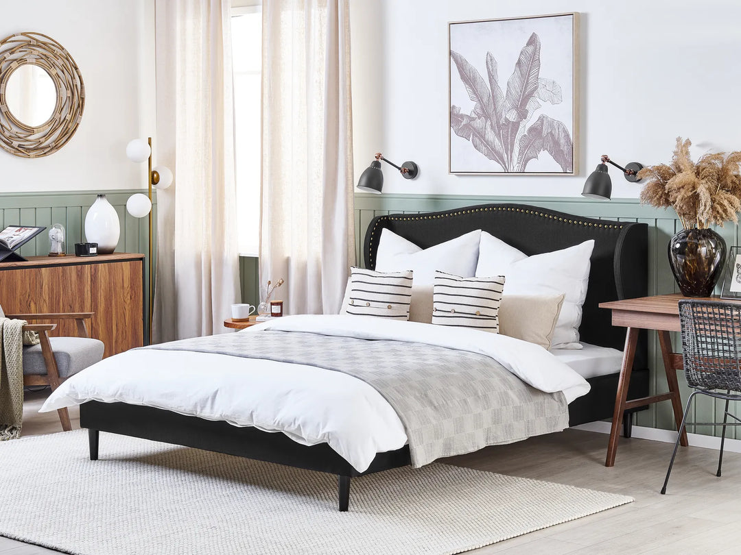 180x200 cm black upholstered bed with curved headboard