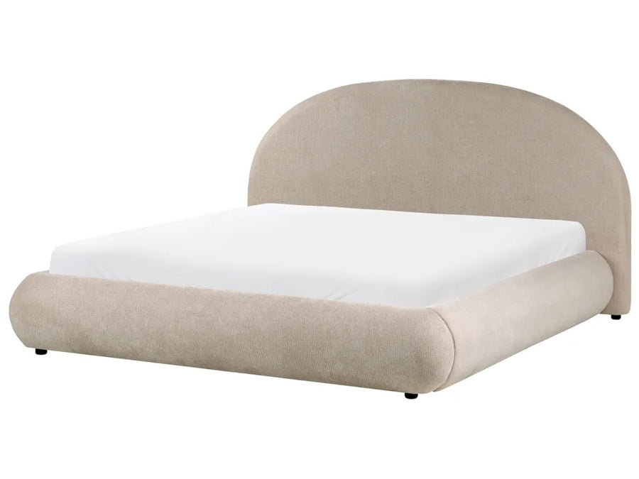 Taupe fabric ottoman bed with rounded headboard