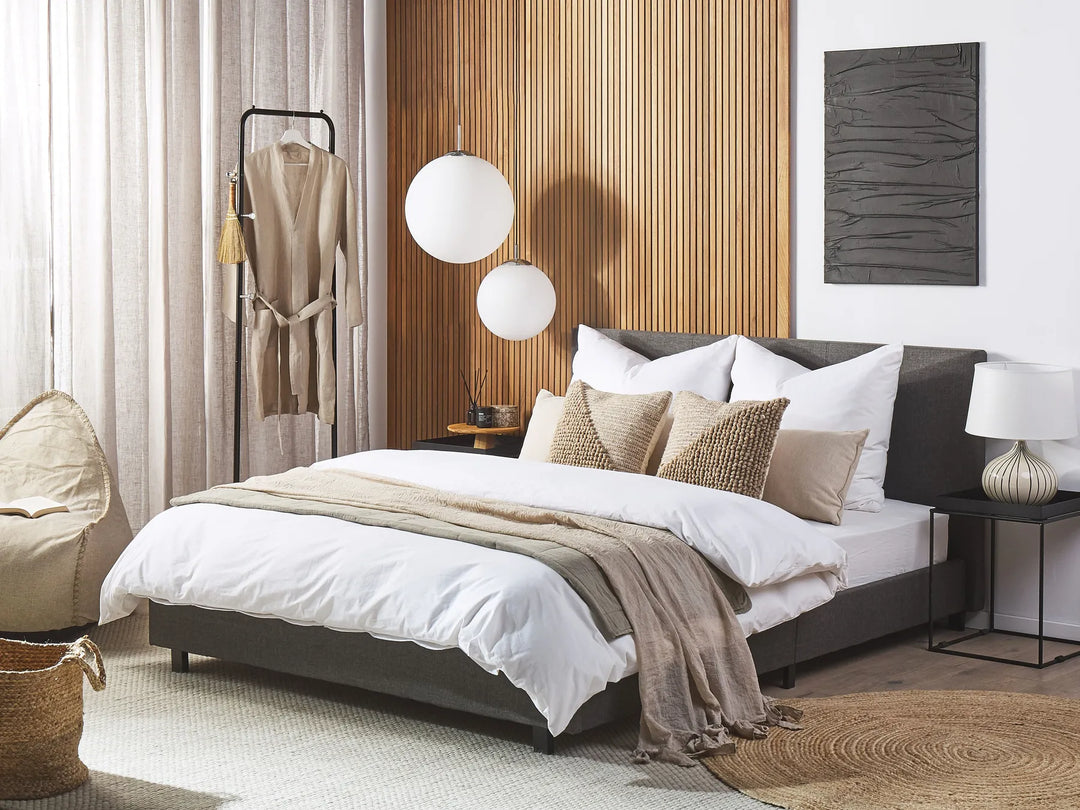 grey upholstered bed with minimalist design