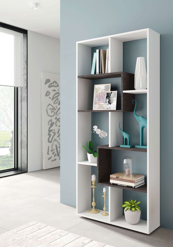 White bookshelf with decorative items in a modern room