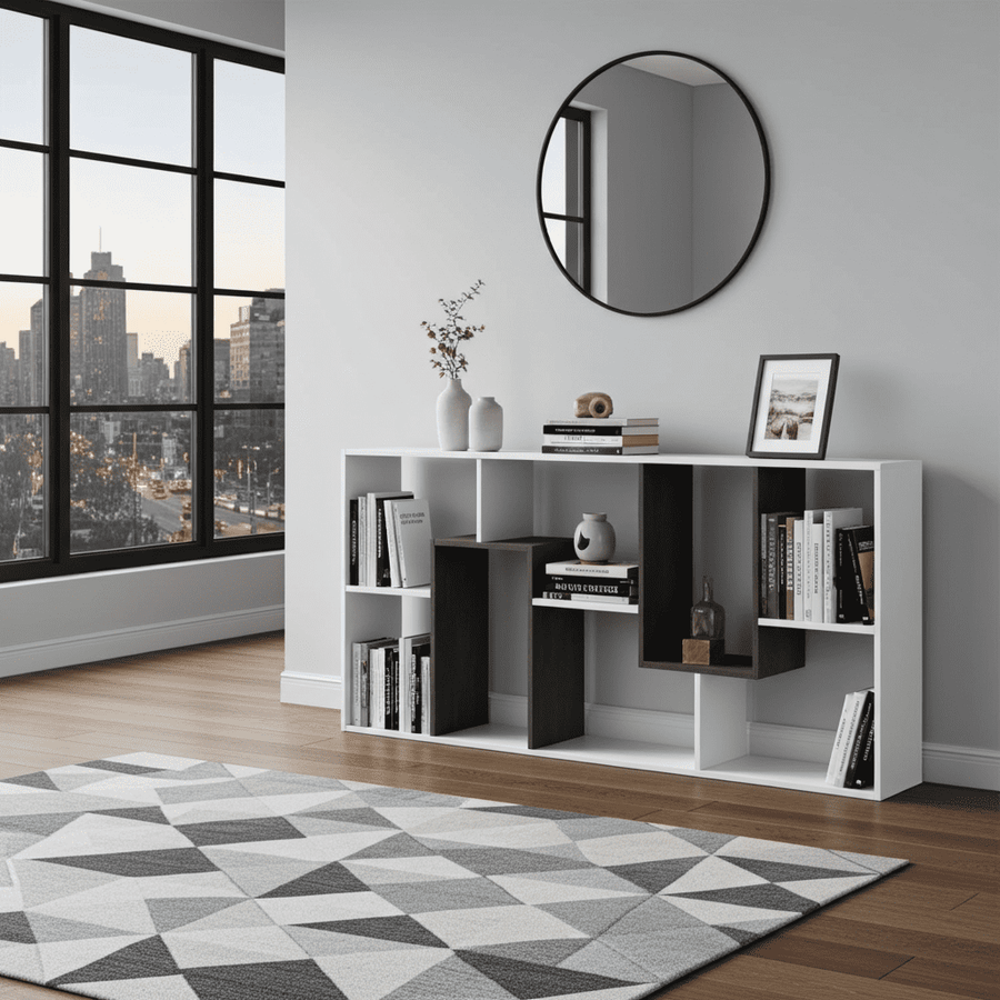 Modern room interior with a white bookshelf, round mirror, and cityscape view.
