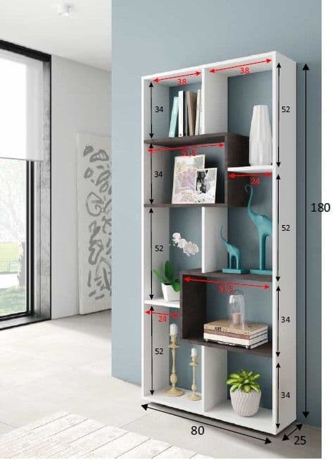 White bookshelf with measurements in a room with a sliding glass door and wall art.