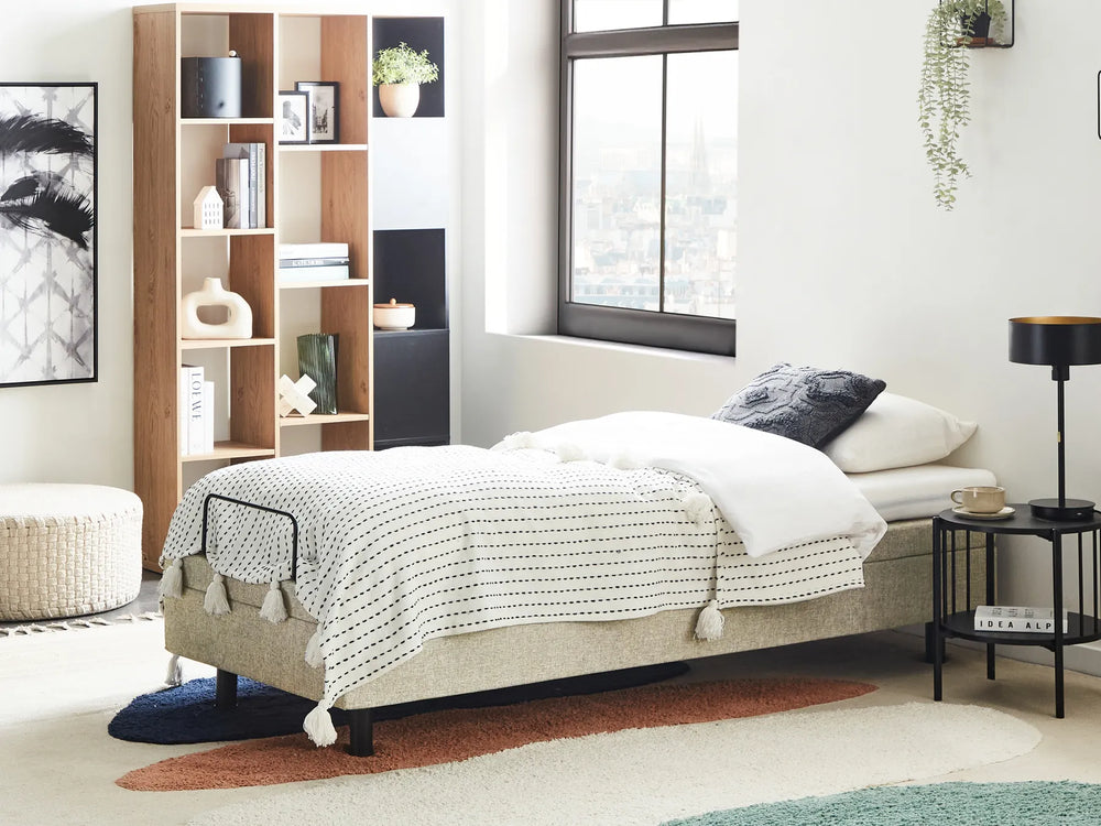 Modern bedroom with a bed, bookshelf, and side table.