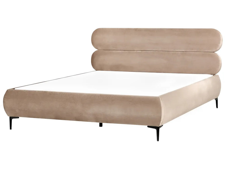 Beige upholstered bed with a white mattress on a white background