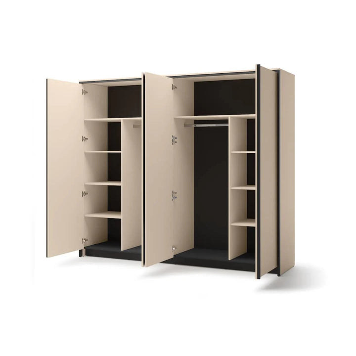 Beige wardrobe with open doors on a white background
