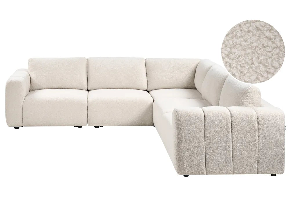 Beige sectional sofa with a close-up of the fabric texture on a white background