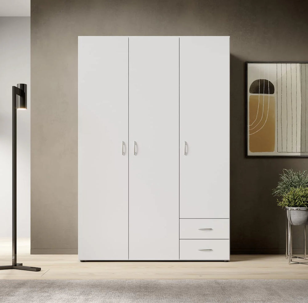 Compact white matt wardrobe with hinged doors