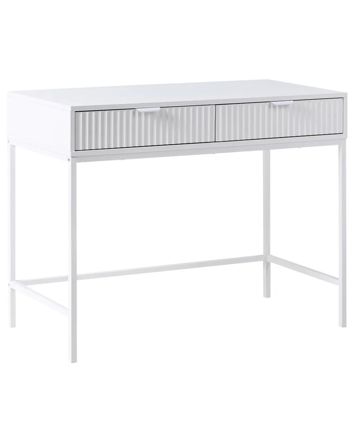 White desk with metal mesh drawers on a white background