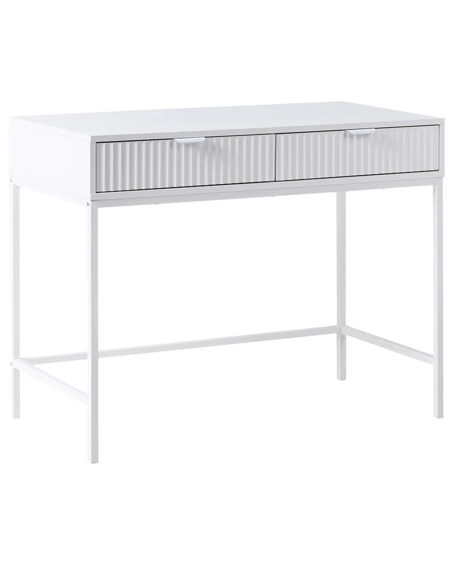 White desk with metal mesh drawers on a white background