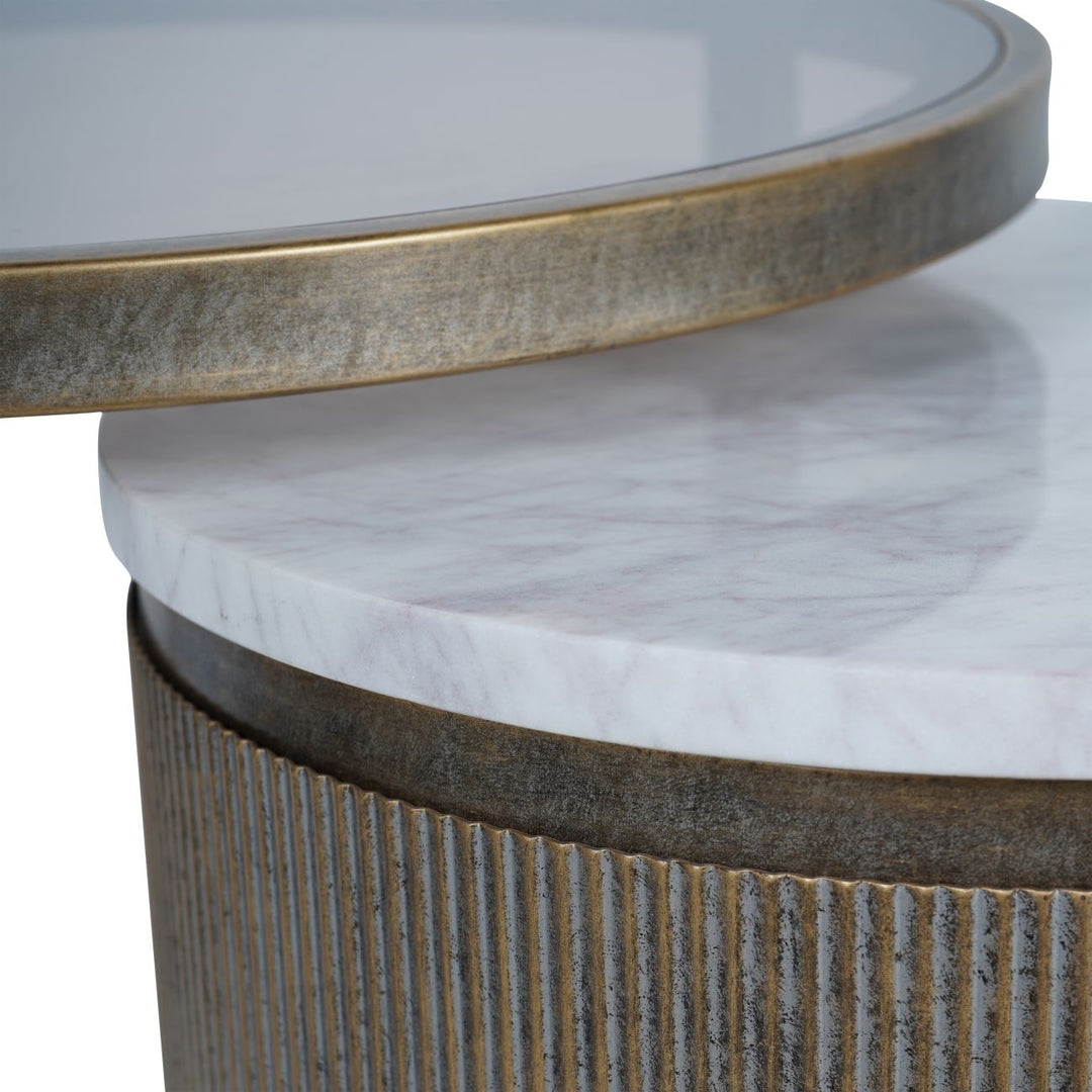 Close-up of a side table with marble top and textured base