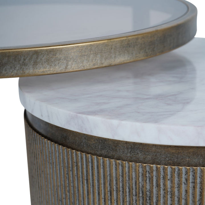 Close-up of a side table with marble top and textured base