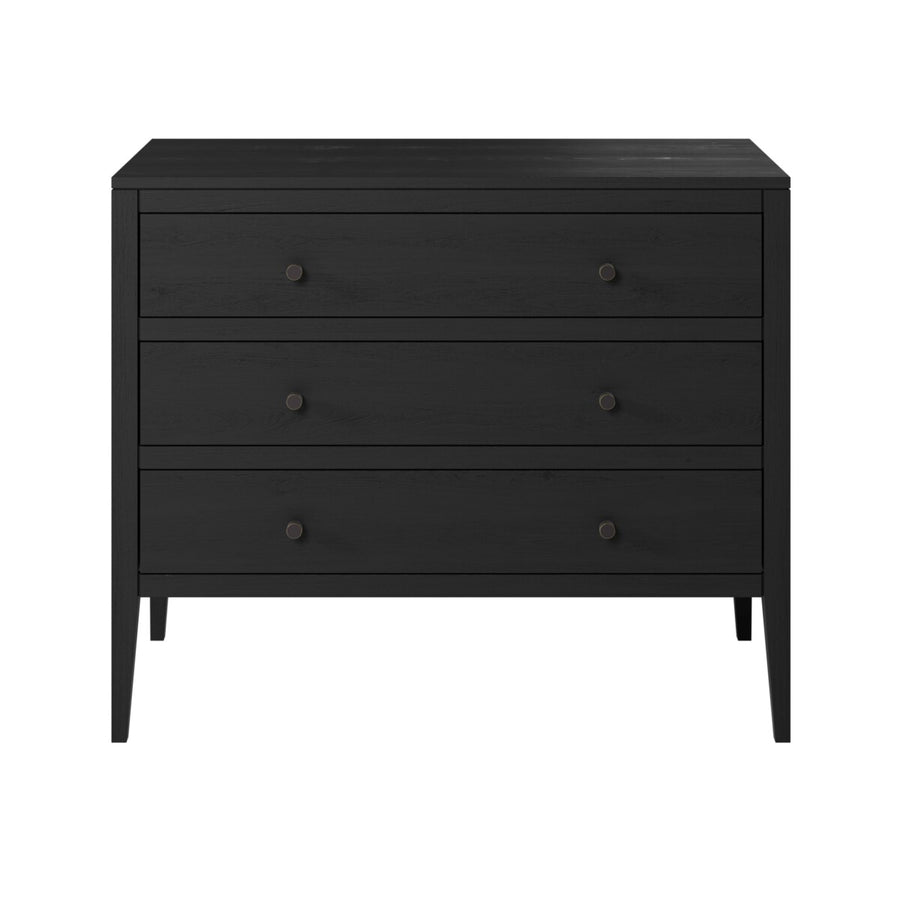 Black dresser with three drawers on a white background